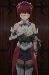 Rule 34 | 1girl, alicia crystella, armor, closed eyes, glasses, hand on own chest, highres, isekai maou to shoukan shoujo no dorei majutsu, kaneko shizue, knight, long hair, red eyes, red hair