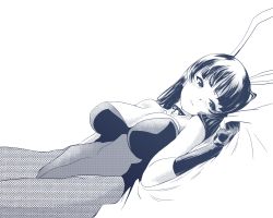 Rule 34 | 1girl, bed sheet, blush, breasts, closed mouth, commentary request, dutch angle, fishnet pantyhose, fishnets, frown, girls und panzer, gloves, greyscale, half-closed eyes, highleg, highleg leotard, large breasts, leotard, long hair, looking at viewer, lying, monochrome, neck ribbon, nishizumi shiho, on back, on bed, pantyhose, partial commentary, playboy bunny, ribbon, solo, strapless, strapless leotard, yoyokkun