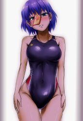 Rule 34 | 1girl, blue eyes, blue hair, blue one-piece swimsuit, blush, breasts, competition swimsuit, d-m (dii emu), highres, jiangshi, looking at viewer, medium breasts, miyako yoshika, ofuda, one-piece swimsuit, short hair, smile, solo, swimsuit, touhou