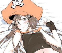 Rule 34 | 1girl, bed sheet, blush, breasts, brown eyes, brown hair, fingerless gloves, gloves, guilty gear, guilty gear xrd, hat, long hair, looking at viewer, lying, matching hair/eyes, may (guilty gear), midriff, navel, on back, orange hat, pirate hat, poncocchan, sailor collar, small breasts, solo, sweatdrop