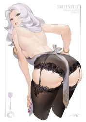 Rule 34 | 1girl, absurdres, apron, ass, backless outfit, bare back, bent over, black panties, black thighhighs, bracelet, breasts, brown eyes, commentary request, cropped legs, damiaodi, dated, fingernails, from behind, garter belt, hand on own hip, hand on own leg, highres, jewelry, large breasts, long fingernails, long hair, looking at viewer, looking back, mature female, mole, mole on ass, mole on back, mole under mouth, nail polish, no pants, original, panties, purple nails, sideboob, signature, silver hair, simple background, solo, standing, thighhighs, underwear, white apron, white background