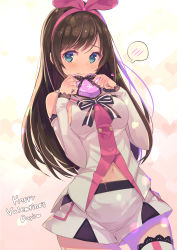Rule 34 | 1girl, absurdres, arm warmers, bare shoulders, blue eyes, blush, boots, box, breasts, brown hair, closed mouth, cowboy shot, detached sleeves, gift, hair ribbon, hairband, happy valentine, heart, heart-shaped box, heart-shaped pupils, highres, holding, holding gift, kizuna ai, kizuna ai inc., lace trim, long hair, looking at viewer, medium breasts, navel, pink ribbon, ribbon, short shorts, shorts, sideboob, sidelocks, smile, solo, spoken blush, swept bangs, symbol-shaped pupils, tam-u, thigh boots, thighhighs, valentine, virtual youtuber, white thighhighs