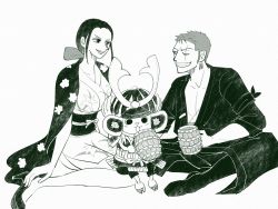 Rule 34 | 1girl, 2boys, age difference, black hair, book, breasts, height difference, highres, large breasts, long hair, multiple boys, nico robin, one piece, roronoa zoro, shorts, sitting, smile, tony tony chopper