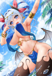 Rule 34 | 1girl, absurdres, armpits, beach, blue eyes, blush, breasts, curvy, demon girl, demon horns, demon wings, drill hair, earrings, hair ribbon, heart, heart-shaped pupils, highres, horns, jewelry, large breasts, long hair, looking at viewer, navel, niliu chahui, original, outdoors, palm tree, ribbon, shione (niliu chahui), sky, smile, solo, symbol-shaped pupils, thighhighs, thighs, tree, underboob, white hair, wings