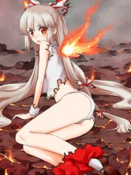 Rule 34 | 1girl, ass, blush, bow, burnt clothes, collared shirt, fiery wings, fujiwara no mokou, gradient background, grey hair, hair bow, jack (wkm74959), long hair, looking at viewer, looking back, lying, on side, open mouth, panties, red eyes, shirt, shoes, socks, solo, touhou, underwear, very long hair, wings, wrist cuffs