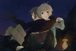 Rule 34 | 2boys, bad id, bad pixiv id, blue hair, book, gradient background, hami (lvct), jacket, lamp, male focus, multiple boys, nezumi (no.6), night, no.6, outdoors, red eyes, scarf, shion (no.6), short hair, sitting, sky, smile, white hair