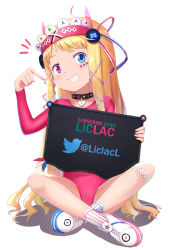 Rule 34 | 1girl, black collar, blonde hair, blue eyes, blush, collar, collarbone, commentary request, crossed ankles, facial mark, full body, grin, heart collar, heterochromia, highres, holding, keyhole, leotard, liclac, long hair, long sleeves, notice lines, original, pink eyes, pink leotard, pointing, shadow, shoes, sitting, smile, socks, solo, striped clothes, striped socks, vertical-striped clothes, vertical-striped socks, very long hair, white background, white footwear, white socks