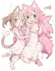 Rule 34 | 2girls, :3, :d, animal ear fluff, animal ears, bare arms, bare shoulders, barefoot, blue eyes, blush, blush stickers, brown hair, cat ears, cat girl, cat tail, closed mouth, commentary request, dress, fang, fang out, green eyes, hair between eyes, hair bobbles, hair ornament, highres, long hair, multiple girls, nomeoil, nose blush, open mouth, original, pink dress, pink footwear, pink hair, puffy short sleeves, puffy sleeves, shoes, short sleeves, sidelocks, sleeveless, sleeveless dress, smile, tail, twintails, very long hair, wolf ears, wolf girl, wolf tail