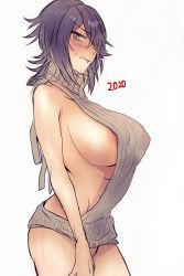 Rule 34 | 1girl, areola slip, backless outfit, bare shoulders, blush, breasts, clenched teeth, from side, highres, kantai collection, large breasts, looking at viewer, medium hair, meme attire, naked sweater, purple hair, revealing clothes, ribbed sweater, sideboob, sweatdrop, sweater, teeth, tenryuu (kancolle), thighs, toomiriku, turtleneck, turtleneck sweater, virgin killer sweater, yellow eyes