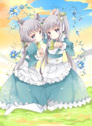 Rule 34 | 2girls, animal ears, apron, arm up, bad id, bad pixiv id, blue dress, blue gloves, blue sky, blush, cat ears, cloud, cloudy sky, commentary request, day, dress, gloves, green ribbon, grey eyes, grey hair, hair ribbon, juliet sleeves, long hair, long sleeves, looking at viewer, looking to the side, low twintails, multiple girls, no shoes, original, outdoors, pantyhose, paw pose, puffy sleeves, ribbon, sky, tsukiyo (skymint), twintails, very long hair, waist apron, white apron, white legwear