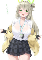 Rule 34 | 1girl, blue archive, blush, bra visible through clothes, breasts, collared shirt, fingerless gloves, gloves, green eyes, grey hair, hair bun, halo, highres, id card, jacket, large breasts, long hair, long sleeves, looking at viewer, nonomi (blue archive), open clothes, open jacket, open mouth, plaid, plaid skirt, pleated skirt, school uniform, see-through, shirt, simple background, single hair bun, skirt, smile, solo, sweat, swept bangs, takomeshi, white background, white shirt