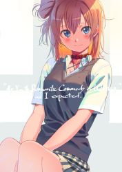 Rule 34 | 1girl, blue eyes, blush, collar, collared shirt, commentary request, copyright name, english text, hair bun, looking at viewer, miniskirt, orange hair, poligon (046), red collar, shirt, short hair, short sleeves, side bun, single side bun, sitting, skirt, smile, solo, striped clothes, striped skirt, sweater vest, vertical-striped clothes, vertical-striped skirt, yahari ore no seishun lovecome wa machigatteiru., yuigahama yui
