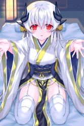 Rule 34 | 1girl, bad id, bad pixiv id, dragon girl, dragon horns, fate/grand order, fate (series), futon, garter straps, highres, horns, indoors, japanese clothes, kimono, kiyohime (fate), kiyohime (third ascension) (fate), long hair, looking at viewer, morizono shiki, multiple horns, obi, pelvic curtain, red eyes, sash, seiza, sitting, solo, thighhighs, white hair, white kimono, white thighhighs, wide sleeves