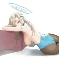 Rule 34 | 1girl, aqua leotard, ass, asuna (blue archive), asuna (bunny) (blue archive), asymmetrical bangs, back, backless leotard, blonde hair, blue archive, blue bow, blue bowtie, blue eyes, blue leotard, bow, bowtie, breasts, crossed arms, eyelashes, hair ornament, halo, hanging breasts, haruhachiya, highleg, highleg leotard, highres, large breasts, leotard, long hair, looking at viewer, official alternate costume, one eye closed, pantyhose, playboy bunny, sideboob, smile, strapless, strapless leotard