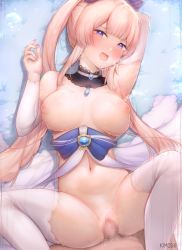 Rule 34 | 1boy, 1girl, arm up, armpits, bare shoulders, blunt bangs, blurry, blush, bow, bowtie, breasts, censored, detached collar, erection, from above, genshin impact, hair ornament, heavy breathing, hetero, highres, inverted nipples, kimoshi, looking at viewer, lying, medium breasts, missionary, mosaic censoring, motion lines, navel, nipples, on back, open mouth, parted lips, penis, pink hair, pov, pov crotch, pubic hair, purple eyes, pussy, pussy juice, sangonomiya kokomi, sex, solo focus, spread legs, steam, thighhighs, vaginal, water, white thighhighs