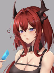 Rule 34 | 1girl, anger vein, arknights, bare shoulders, black dress, breasts, cleavage, commentary request, dress, food, grey background, hair between eyes, highres, holding, holding food, horns, long hair, looking at viewer, open mouth, partial commentary, poni (poni arknights), popsicle, purple eyes, red hair, simple background, sleeveless, sleeveless dress, solo, surtr (arknights), upper body