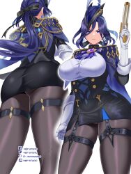 Rule 34 | 1girl, blue hair, blue hat, breasts, cape, clorinde (genshin impact), corset, curvy, genshin impact, gloves, hat, hiep studio, highres, holding, holding weapon, jewelry, large breasts, long hair, pantyhose, purple eyes, solo, thighs, vision (genshin impact), weapon, white gloves, wide hips