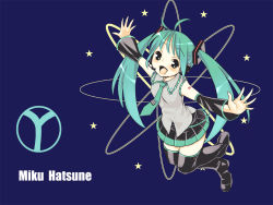 Rule 34 | 1girl, ahoge, aqua hair, black footwear, black skirt, blue background, blush, boots, character name, collared shirt, detached sleeves, eyebrows, floating, gk, grey shirt, hair ornament, hatsune miku, headphones, headset, logo, long hair, looking at viewer, microphone, miniskirt, necktie, outstretched arms, pleated skirt, shirt, simple background, skirt, solo, spread arms, spread fingers, star (symbol), tattoo, thigh boots, thighhighs, twintails, vocaloid