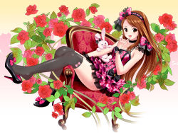 Rule 34 | 1girl, armchair, black thighhighs, blush, bow, brown eyes, brown hair, chair, dress, finger to mouth, flower, frilled dress, frilled skirt, frills, gathers, hairband, high heels, idolmaster, idolmaster (classic), lolita fashion, long hair, looking at viewer, minase iori, open mouth, over-kneehighs, plaid, ponnetsu, rabbit, red flower, red rose, rose, shoe dangle, shoes, sitting, skirt, smile, solo, stiletto heels, stuffed animal, stuffed rabbit, stuffed toy, thighhighs, zettai ryouiki