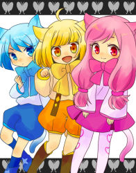 Rule 34 | 3girls, animal ears, ao (butterfly cat), blonde hair, blue eyes, blue hair, butterfly cat, cat ears, cat tail, hami (etn1129), heart, hina (butterfly cat), momo (butterfly cat), multiple girls, pantyhose, pink hair, red eyes, sound voltex, tail, yellow eyes