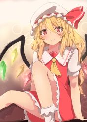 Rule 34 | 1girl, ankle socks, arm support, ascot, blonde hair, blush, bobby socks, bright pupils, brown background, commentary, convenient leg, feet out of frame, flandre scarlet, gradient background, hair between eyes, hat, hat ribbon, head tilt, highres, knee up, looking at viewer, mizune (winter), mob cap, one side up, petticoat, pointy ears, red eyes, red skirt, red vest, ribbon, short hair, sitting, skirt, slit pupils, smile, socks, solo, sparkle, sparkle background, touhou, vest, white hat, white pupils, white socks, wings, yellow ascot