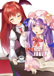 Rule 34 | 2girls, ^ ^, absurdres, blue bow, blue ribbon, blunt bangs, blush, book, bow, bowtie, capelet, closed eyes, closed mouth, collar, commentary, crescent, crescent pin, cup, english commentary, engrish commentary, hair bow, hat, hat ribbon, head wings, highres, koakuma, long hair, multiple girls, necktie, open book, open mouth, patchouli knowledge, plate, purple eyes, purple hair, red bow, red hair, red neckwear, ribbon, satori (kxdm8872), simple background, smile, table, tea, teacup, touhou, upper body, very long hair, white background, wide sleeves, wings