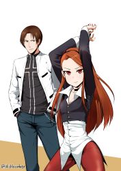 Rule 34 | 1boy, 1girl, absurdres, bad id, bad twitter id, brown hair, cosplay, crossover, dickbomber, forehead, hairband, highres, idolmaster, idolmaster (classic), jacket, kusanagi kyou, long hair, looking at viewer, minase iori, name connection, pants, simple background, sweatdrop, the king of fighters, twitter username, white background, yagami iori, yagami iori (cosplay)