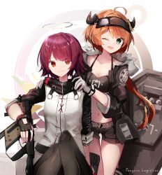 Rule 34 | 2girls, ;d, a.a (aa772), ahoge, arknights, bandeau, belt, black gloves, black jacket, black legwear, black shorts, brown eyes, commentary request, croissant (arknights), exusiai (arknights), fingerless gloves, gloves, grey eyes, gun, halo, highres, horns, jacket, knees up, kriss vector, looking at viewer, midriff, multiple girls, navel, one eye closed, open clothes, open jacket, open mouth, orange hair, pantyhose, raglan sleeves, red hair, short hair, short shorts, short sleeves, shorts, smile, spaghetti strap, stomach, submachine gun, thighs, visor cap, weapon, white background, white gloves, white jacket