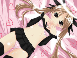 Rule 34 | 1girl, bed, bra, lingerie, panties, solo, thighhighs, twintails, underwear