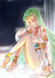 Rule 34 | 1girl, anklet, bare legs, barefoot, bracelet, breasts, c.c., cleavage, code geass, creayus, dress, green hair, image sample, jewelry, long hair, looking at viewer, nail polish, necklace, sideboob, sitting, solo, tattoo, yellow eyes