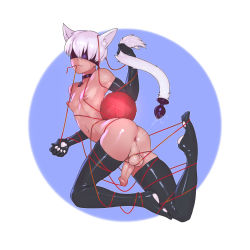Rule 34 | 1boy, anal tail, animal ears, anus, ass, black gloves, black thighhighs, blindfold, blue background, butt plug, cat ears, collar, elbow gloves, fake tail, gloves, highres, lube, male focus, multicolored background, nier:automata, nier (series), nipples, paw print palms, paw print socks, paw print soles, penis, puffy chest, pulling, sex toy, silver hair, simple background, skinny, tail, tailbox, testicles, thighhighs, uncensored, white background, yarn, yarn ball, 9s (nier:automata)