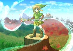 Rule 34 | 1boy, absurdres, autumn, autumn leaves, blonde hair, boots, cloud, day, fuu (feubleu9), goron, grass, green headwear, highres, holding, holding staff, link, long sleeves, male focus, mountain, nintendo, outdoors, petals, pointy ears, rod of seasons, sidelocks, snow, solo, spring (season), staff, standing, summer, the legend of zelda, the legend of zelda: oracle of seasons, tree stump, tunic, wind, winter