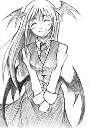 Rule 34 | 1girl, ^ ^, absurdres, bat wings, black wings, blush, breasts, closed eyes, collared shirt, commentary request, cowboy shot, dress shirt, graphite (medium), greyscale, head tilt, head wings, highres, koakuma, long hair, looking at viewer, low wings, medium breasts, monochrome, necktie, own hands together, pointy ears, shirt, sidelocks, simple background, sketch, skirt, skirt set, smile, solo, touhou, traditional media, v arms, very long hair, vest, warabe-raku dora, white background, white shirt, wings
