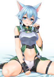 Rule 34 | 1girl, absurdres, animal ears, armor, blue eyes, blue hair, blush, bow, bow panties, breasts, cat ears, clothes pull, commentary, crotch seam, denhijou niki, english commentary, highres, medium breasts, mixed-language commentary, navel, panties, parted lips, paw pose, short hair, short shorts, shorts, shorts pull, simple background, sinon, sitting, smile, solo, sword art online, thighs, twintails, underwear, wariza, white background, white panties