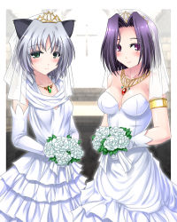 Rule 34 | 10s, 2girls, animal ears, bare shoulders, blush, bouquet, breasts, bridal veil, bride, cat ears, crossover, dress, flower, gloves, green eyes, jewelry, kantai collection, looking at viewer, medium breasts, multiple girls, necklace, purple eyes, purple hair, sanya v. litvyak, short hair, silver hair, small breasts, smile, strike witches, tatsuta (kancolle), tiara, veil, wedding dress, white gloves, world witches series, zutsuumochi