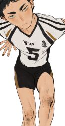 Rule 34 | 1boy, absurdres, akaashi keiji, black hair, black shorts, blue eyes, bruise, bruise on leg, chengongzi123, closed mouth, from above, haikyuu!!, highres, injury, looking at viewer, male focus, shirt, short hair, shorts, simple background, sitting, sportswear, t-shirt, very short hair, volleyball uniform, white background, white shirt