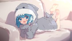 Rule 34 | 1girl, animal costume, animal hood, aoi tori, barefoot, blue eyes, blue hair, blush, commentary request, couch, fang, feet, full body, hair between eyes, highres, hood, hood up, looking at viewer, lying, medium hair, on couch, on stomach, open mouth, original, shark costume, shark hood, skin fang, sleeves past fingers, sleeves past wrists, smile, soles, solo, the pose, toes