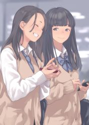 Rule 34 | 2girls, :d, absurdres, bag, black eyes, black hair, blue neckwear, blunt bangs, blurry, blurry background, bow, bowtie, brown vest, cardigan, cellphone, closed eyes, closed mouth, collared shirt, comic koh, day, depth of field, happy, highres, holding, holding phone, kamo (gafas), long hair, long sleeves, looking at another, multiple girls, open mouth, outdoors, phone, school bag, shirt, shoulder bag, smartphone, smile, standing, upper body, vest, white shirt, wing collar