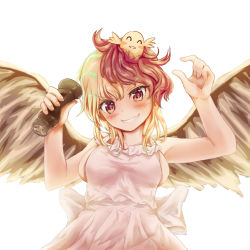 Rule 34 | 1girl, alternate costume, animal, animal on head, apron, armpits, arms up, bird, bird wings, blonde hair, blush, breasts, chick, commentary request, cowboy shot, feathered wings, fingernails, grin, head tilt, holding, kaeranu kaeru, looking at viewer, medium breasts, multicolored hair, naked apron, niwatari kutaka, on head, pepper shaker, red hair, sideboob, simple background, smile, solo, standing, touhou, two-tone hair, white background, wings, yellow eyes