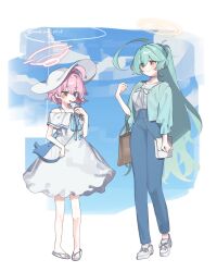 Rule 34 | 2girls, ahoge, bag, blue archive, blue eyes, blue pants, blush, breasts, closed mouth, dress, food, green hair, green jacket, hair between eyes, halo, hat, highres, holding, holding food, hoshino (blue archive), hoshino (young) (blue archive), ice cream, jacket, large breasts, long hair, mochimoti0528, multiple girls, open clothes, open jacket, open mouth, pants, pink hair, pink halo, shirt, shoes, short hair, shoulder bag, small breasts, smile, sun hat, twitter username, white dress, white footwear, white hat, white shirt, yellow eyes, yellow halo, yume (blue archive)
