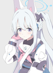 Rule 34 | 1girl, animal ears, black bow, black gloves, black undershirt, blue archive, blue skirt, bow, braid, closed mouth, crown braid, detached sleeves, earpiece, fake animal ears, gloves, grey background, hair bow, halo, hand up, highres, kuroha uma, light blush, long hair, looking at viewer, miyako (blue archive), neckerchief, one side up, pink gloves, pink neckerchief, purple eyes, rabbit ears, simple background, skirt, solo, swept bangs, tactical clothes, two-tone gloves, upper body, white hair