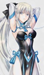 Rule 34 | 1girl, armpits, arms behind head, arms up, black bow, black dress, blue eyes, bow, braid, breasts, center opening, cleavage, dress, fate/grand order, fate (series), french braid, grey hair, hair bow, highres, large breasts, long hair, long sleeves, looking at viewer, mintes, morgan le fay (fate), pelvic curtain, ponytail, sidelocks, solo, two-tone dress, very long hair, white dress, wide sleeves