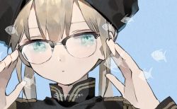 Rule 34 | 1boy, :|, blonde hair, captain nemo (fate), closed mouth, commentary request, expressionless, fate/grand order, fate (series), fish, glasses, hat, long hair, long sleeves, looking at viewer, male focus, nemo (fate), portrait, seiya ingen, solo, turban, twintails, twitter username
