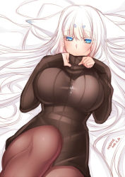Rule 34 | 1girl, animal ears, blue eyes, blush, breasts, brown pantyhose, brown sweater, closed mouth, dated, ears down, fox ears, hair spread out, jewelry, konshin, large breasts, looking at viewer, lying, necklace, on back, orie mishiro, original, pantyhose, ribbed sweater, short eyebrows, signature, solo, sweater, white hair