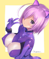 Rule 34 | 1girl, animal ears, blush, bodysuit, breasts, cat ears, cleavage, commentary request, covered erect nipples, fake animal ears, fee kissethermit, gloves, hair over one eye, impossible bodysuit, impossible clothes, large breasts, looking at viewer, mignon, motto! haramase! honoo no oppai isekai ero mahou gakuen!, plugsuit, purple eyes, purple hair, short hair, signature, skin tight, solo, triangle mouth, two-tone background, upper body, v