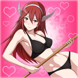 Rule 34 | 1girl, bare arms, bare legs, bare shoulders, black bra, black panties, blush, bra, breasts, caeldori (fire emblem), cameltoe, cleavage, fire emblem, fire emblem fates, groin, head wings, heart, highres, holding, large breasts, legs, long hair, looking at viewer, lying, navel, nintendo, panties, red eyes, red hair, simple background, smile, solo, thighs, underwear, wings, yuki (12cut)