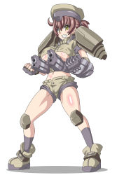 Rule 34 | 1girl, beret, bracer phoenix, breasts, brown hair, buti-yu, cannon, clenched teeth, full body, hat, highres, jaeger (pacific rim), large breasts, legendary pictures, mecha musume, midriff, pacific rim, pacific rim uprising, pan pacific defense corps, personification, short shorts, shorts, solo, standing, teeth, underboob, yellow eyes