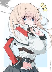Rule 34 | 1girl, black skirt, blonde hair, blue eyes, breasts, capelet, cigarette, eyes visible through hair, graf zeppelin (kancolle), hair between eyes, hand on own hip, highres, huge breasts, kantai collection, long hair, long sleeves, military, military uniform, mouth hold, notice lines, pouch, sakakiba misogi, signature, simple background, skirt, smoke, smoking, solo, twintails, two-tone background, uniform, upper body