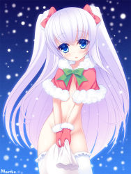 Rule 34 | 1girl, :o, blue eyes, blush, bottomless, bow, capelet, eyebrows, flat chest, gloves, green bow, holding, long hair, looking at viewer, maron (1212ama), navel, no panties, original, pink bow, sack, snowing, solo, thighhighs, twintails, very long hair, white hair, white thighhighs