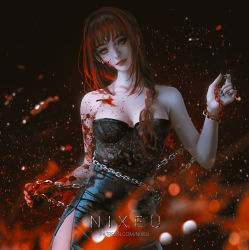 Rule 34 | 1girl, artist name, bare shoulders, black nails, blood, blood on arm, blood on breasts, blood on chest, blood on clothes, blood on face, blood on hands, blood splatter, blurry, blurry background, blurry foreground, braid, braided ponytail, breasts, chain, chainsaw man, commentary, depth of field, dress, english commentary, highres, hime cut, lace, long hair, looking at viewer, makeup, makima (chainsaw man), mascara, medium breasts, mixed-language commentary, motion blur, nail polish, nixeu, red eyes, red hair, red lips, sidelocks, solo, strapless, strapless dress, tube dress